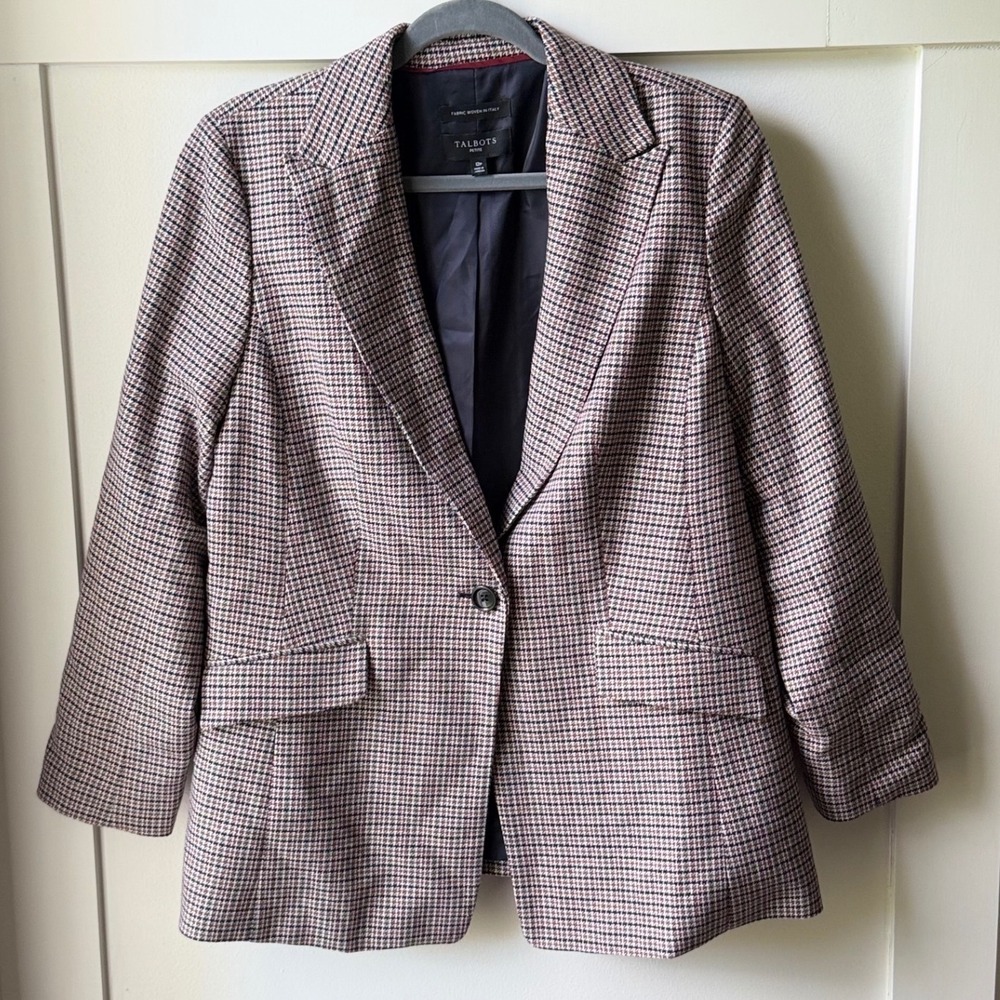 Talbots Blazer Brown Houndstooth Plaid Italian Fabric Single Button Petite 12P